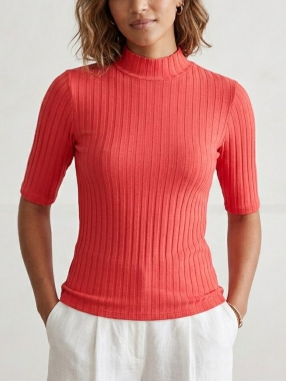 Sz S Ribbed Coral-Red Mock Neck Top